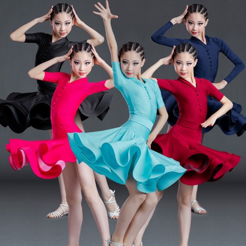 Girls kids turquoise navy black wine pink colored competition latin dance dresses  professional ballroom performance costumes for children